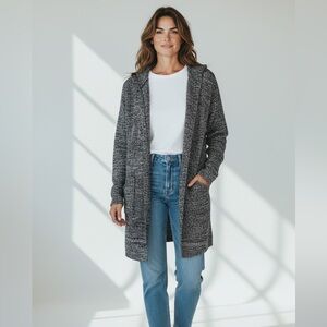 Atmosphere Marled Knit Hooded Open Front Longline Cardigan- Black/White - Size L